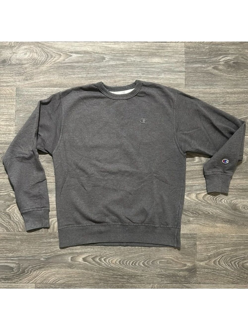 Champion Medium Powerblend Fleece Sweatshirt Crewneck Logo Gray Granite